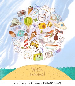Design template with color cartoon travel doodles.