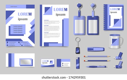Design template for company. Corporate style in lilac color. Set. Vector.