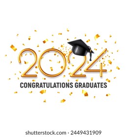 Plantilla de diseño de felicitaciones graduados clase de 2024, Anuncio con sombrero académico realista 3d, números volumétricos de oro y confeti para la graduación de la escuela secundaria o universitaria. Ilustración vectorial