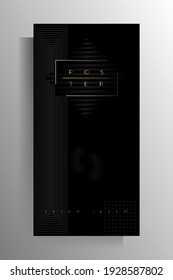 Design template for cover banner, flyer, poster, brochure, catalog. Abstract vector background with geometric pattern in black tones and gold letters.