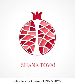 Design template with cut out multicolor garnet. Greeting card design for Jewish New Year, Rosh Hashanah. Vector illustration with stylized pomegranate