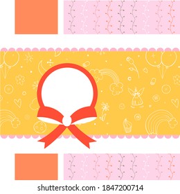 Design-Vorlage für süße Einladungskarte. Vorlage für Scrapbooking mit handgezeichneten Dodle-Mustern. Zum Geburtstag, Jubiläum, Einladungen zu Feiern. Vektorgrafik