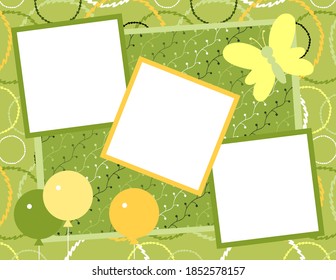 Design template for cute invitation card. Template for scrapbooking with hand drawn doodle patterns. For birthday, anniversary, party invitations. Vector