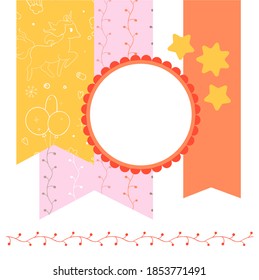 Design template for cute invitation card. Template for scrapbooking with hand drawn doodle patterns. For birthday, anniversary, party invitations. Vector