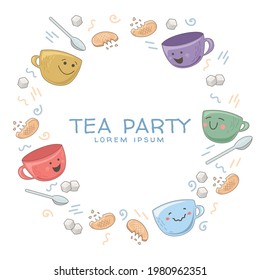 Design template with cute teapot, cups, sugar cubes and cookies. Decoration of invitations, poster for a tea party. Illustrations with funny dishes