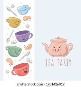 Design template with cute teapot, cups, sugar cubes and cookies. Decoration of invitations, poster for a tea party. Illustrations with funny dishes