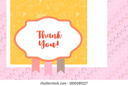 Design template for cute Thank you card . Template for scrapbooking with hand drawn doodle patterns. For birthday, anniversary, party invitations. Vector