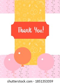 Design template for cute Thank you card . Template for scrapbooking with hand drawn doodle patterns. For birthday, anniversary, party invitations. Vector