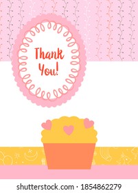 Design template for cute Thank you card . Template for scrapbooking with hand drawn doodle patterns. For birthday, anniversary, party invitations. Vector