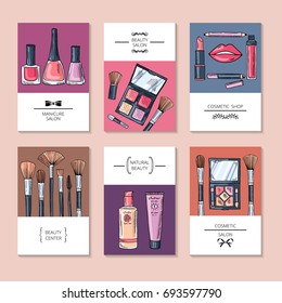 Design template of different business cards or banners for beauty salon. Manicure salon and beauty center banner, fashion and beauty glamour. Vector illustration
