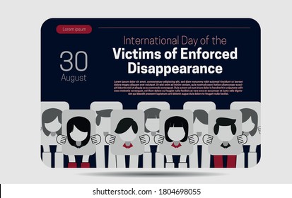 Design template, with disappearance victim theme. August 30, International Day of the Victims of Forced Disappearances. Illustration of people holding signs containing a face