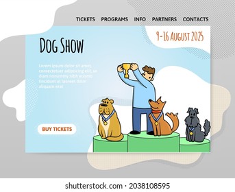 Design template for dog show, exhibition or dog training courses. Dogs with the owner on the podium. Vector illustration for website header, banner or poster.