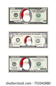 Design template dollars bill with Santa Claus. Christmas set of dollars in various denominations. Suitable for discount cards, leaflet, coupon, flyer, voucher. Vector in flat style. Isolated on white.