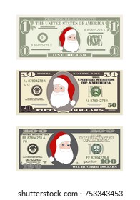 Design template dollars bill with Santa Claus. Christmas set of dollars in various denominations. Suitable for discount cards, leaflet, coupon, flyer, voucher. Vector in flat style. Isolated on white.