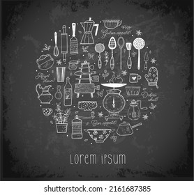 Design template with doodle kitchen utensils and place for your text on blackboard background
