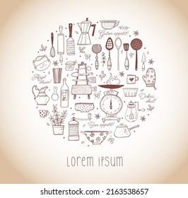 Design template with doodle kitchen utensils and place for your text in vintage style. Inscription Bon appetit in different languages