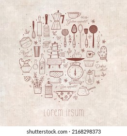 Design template with doodle kitchen utensils and place for your text on vintage background