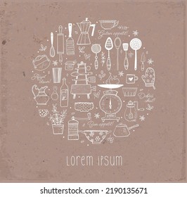 Design template with doodle kitchen utensils and place for your text on brown parcel paper background.