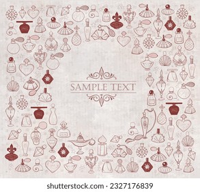 Design template with doodle perfume bottles and place for your text. Vector sketch illistration on vintage background