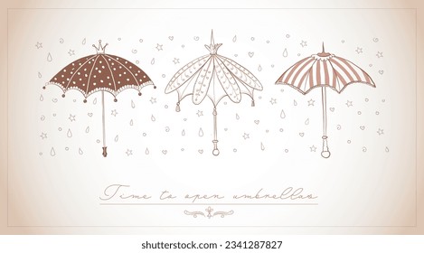 Design template with doodle vintage umbrellas and place for your text. Vector sketch illustration