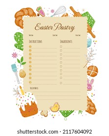 Design template for Easter pastry recipe,with colorful elements,sweet baked goods,cake,kitchen utensils,hot cross buns.Vector flat illustration.