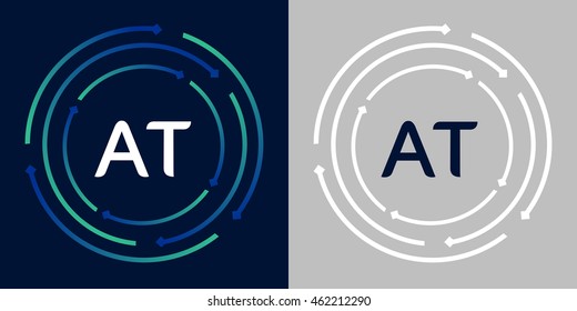 AT design template elements in abstract background logo, design identity in circle, letters business logo icon, blue/green alphabet letters, simplicity graphics