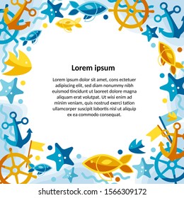 Design template with elements of fish, starfish and anchors. For use as menus, information plates and posters.