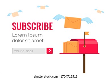 Design template for email subscribe. Red mailbox with flying letter envelopes and website or app newsletter subscription interface form. Vector flat illustration