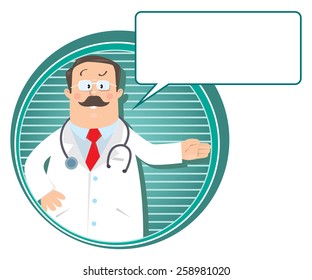 Design template or emblem with funny man doctor in white coat with stethoscope, showing by hand, on round background with lines and balloon for text