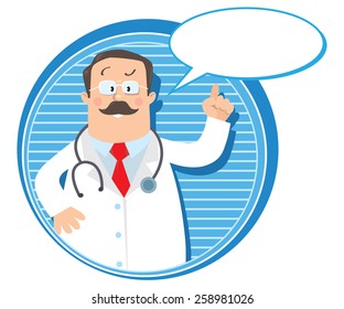 Design template or emblem with funny man doctor raised index finger up in white coat with stethoscope on round background with lines and balloon for text