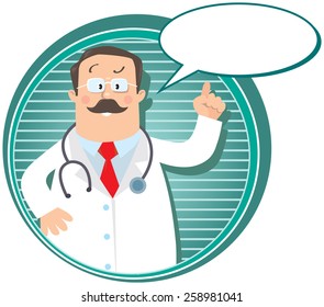 Design template or emblem with funny man doctor raised index finger up in white coat with stethoscope on round background with lines and balloon for text