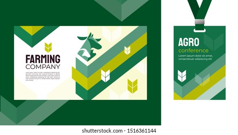Design template for farming, agriculture, livestock business. Identity for agricultural company, agro conference, forum, event, exhibition. Mockup ID card with strap. Vector illustration for banners.