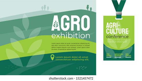 Design template for farming, agriculture, livestock business. Identity for agricultural company, agro conference, exhibition, forum, event. Mockup ID card with strap. Vector illustration for flyer, ad