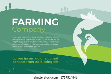 Plantilla de diseño para empresas agrícolas, agrícolas, ganaderas. Cartel con icono de campo agrícola y animales de granja. Logo con vaca, cerdo y carnero. Ilustración vectorial con texto para anuncio, volante.