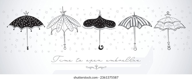 Design template with five doodle vintage umbrellas on white background with place for your text. Vector sketch illustration