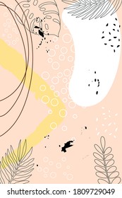 Design template, flowing shapes of warm colors, contours of tropical palm leaves in a simple modern style. backgrounds and frames for wedding invitations, social media wallpapers, stationery, greetin