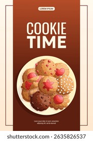 Um modelo de design para um panfleto de uma padaria. Diferentes tipos de biscoitos em um prato. O conceito de confeitaria, culinária, padaria. Ilustração vetorial A4 para cartazes e banners