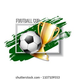Design template football championship tournament. Football logo with soccer ball and golden trophy cup with brush green ink. Vector illustration isolated on white background