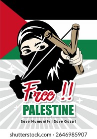 Modelo de design para ilustração gratuita de cartaz de banner palestino, ilustração vetorial de uma menina muçulmana com o véu preto segurando um estilingue visando um alvo.  Fundo da bandeira da Palestina, vetor de papel de parede.