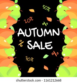 Design template for fruits market. Menu label with apples and pears. Vivid colors, perfect as a background for sale banners, discount flyers etc. Autumn sale. Vector illustration.