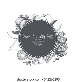 Design template for fruits market. Menu label with organic food. Fresh fruits hand-drawn. Vector illustration