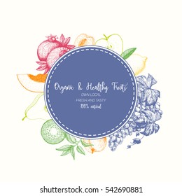 Design template for fruits market. Menu label with organic food. Fresh fruits hand-drawn. Vector illustration.