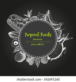 Design template for fruits market. Menu label with organic food. Fresh fruits hand-drawn. Vector illustration.