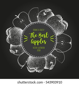 Design template for fruits market. Menu label with apples. Fresh apples hand-drawn. Vector illustration.