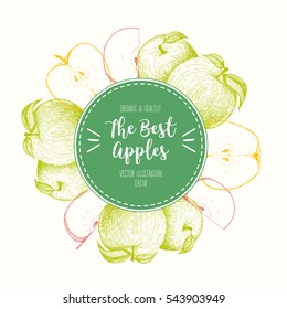 Design template for fruits market. Menu label with apples. Fresh apples hand-drawn. Vector illustration.