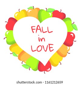 Design template for fruits market. A season greeting card or poster with apples arranged in form of a heart. Vivid colors,perfect as a background for sale banners,discount flyers. Vector illustration.