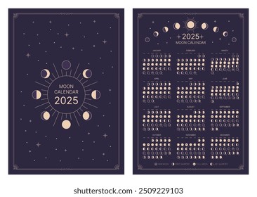 Modelo de projeto para o ciclo completo das fases de lua para 2025, fases de atividade luar. Astrologia, sombra lunar astronômica, ciclo completo do calendário de lua nova ao calendário de lua cheia, ilustração do vetor do mapa