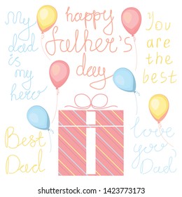 design template with gift box, air ballon and inscriptions for father's day. Happy father's day