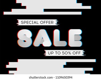Design template glitch style banner with fluid text and geometrical outline icons. Sign of promotion, discounts offer. Vector eps10