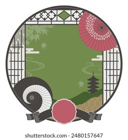 Design template green of a scene of Kyoto seen from a window of a Japanese-style room